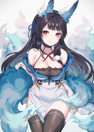 yu-ri,白背景,兽耳,前发,黑发,黑丝,脸红,cleavage,狐娘,发饰,和服,长发,长袖,视线正对,红色眼,缎带,笑顔,single,丝袜