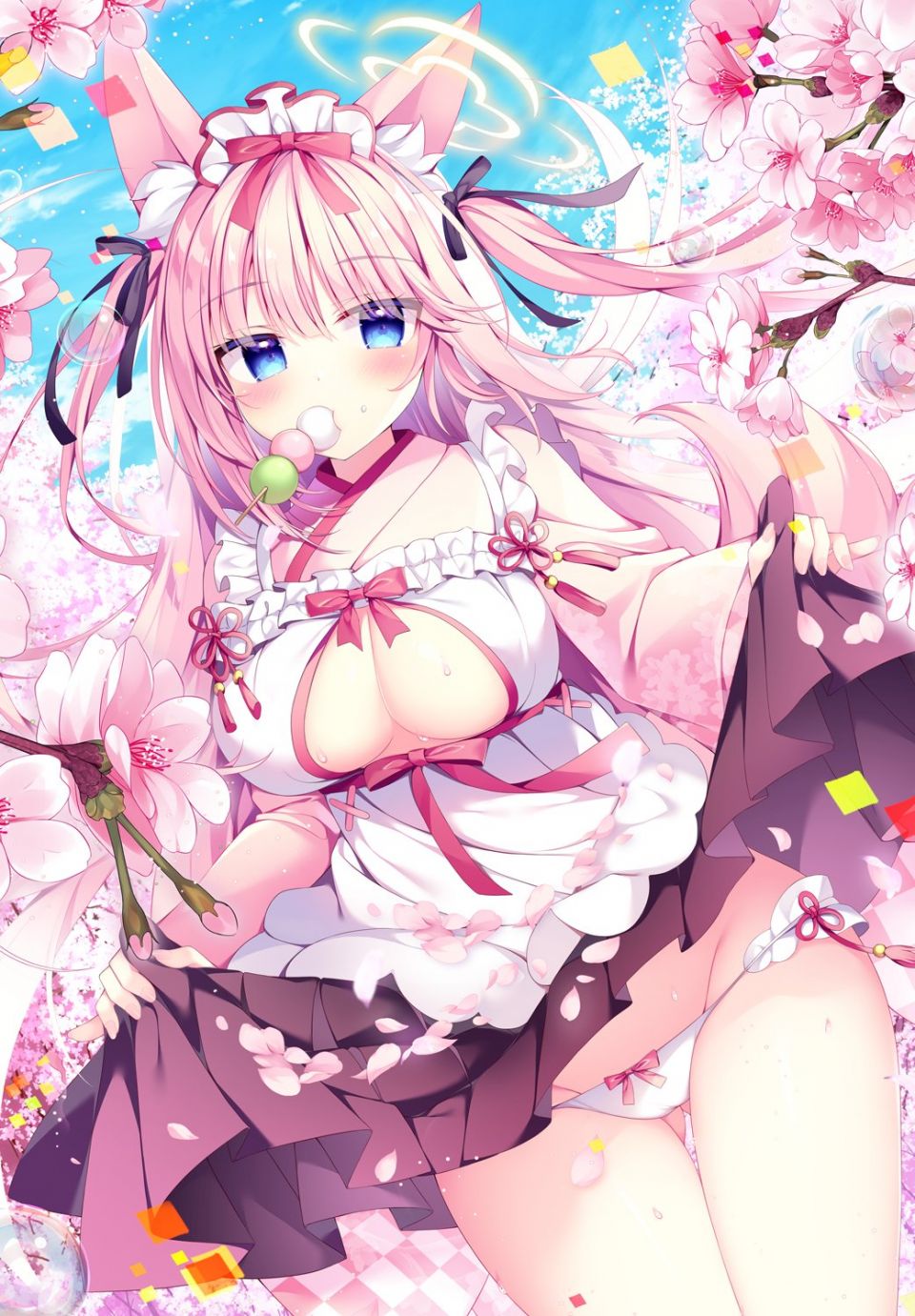 原创 白もち桜 兽耳 围裙 碧眼 脸红 Breasts 狐娘