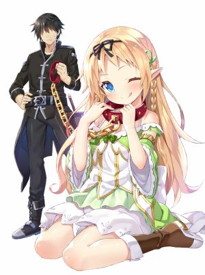 isekai_elf_no_dorei-chan,夜ノみつき,露肩,黑发,碧眼,三股辫,锁链,项圈,连衣裙,精灵,长发,视线正对,one_eye_closed,尖耳,缎带,坐姿,笑顔