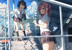 kantoku,くるみ,雫,原创,黑发,脸红,kneehighs,紫色眼,紫发,学校制服,短裙,天空,双马尾