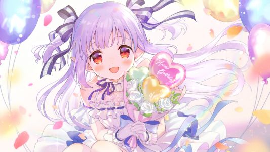 Vtuber,chucolala,真白花音,sakuro,single,长发,视线正对,脸红,開口,红色眼,紫发,尖耳,少女,花瓣